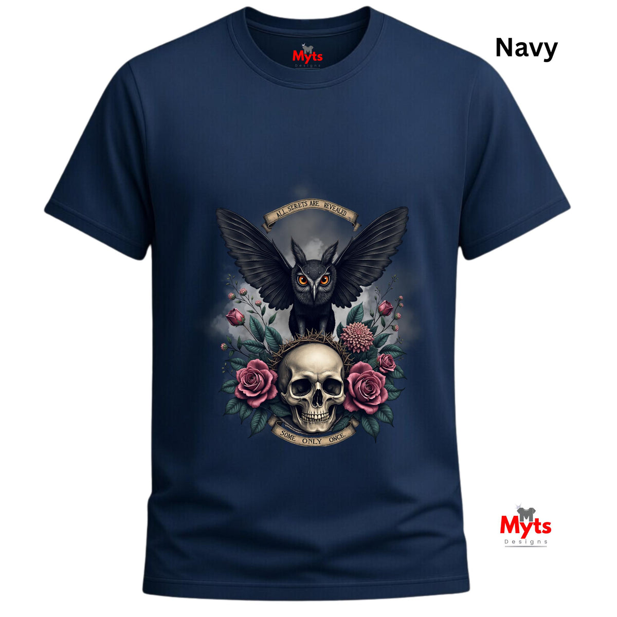 Navy blue t-shirt with a graphic design featuring an owl, skull, and roses on a white background.