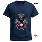 Navy blue t-shirt with a graphic design featuring an owl, skull, and roses on a white background.