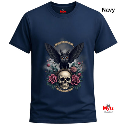 Navy blue t-shirt with a graphic design featuring an owl, skull, and roses on a white background.