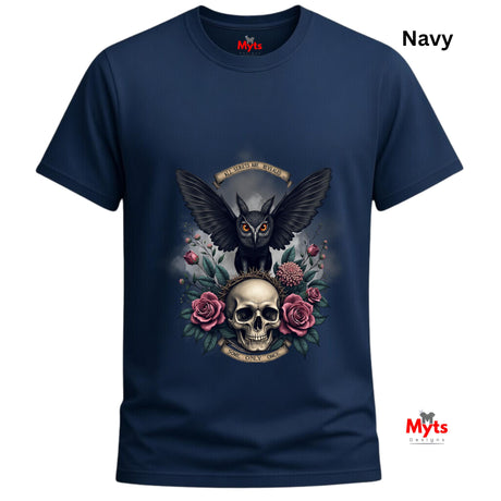 Navy blue t-shirt with a graphic design featuring an owl, skull, and roses on a white background.