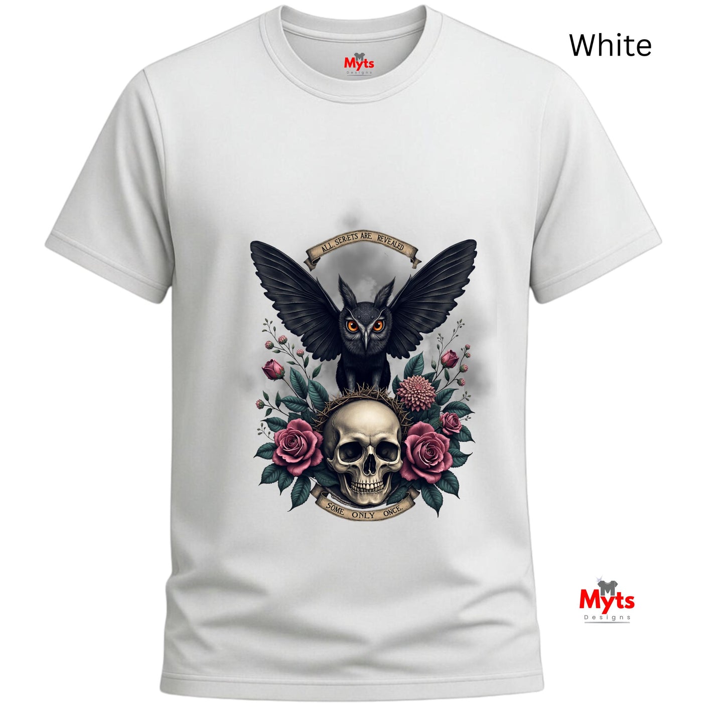 White t-shirt with a design of an owl with wings open, skull, and roses on a white background.