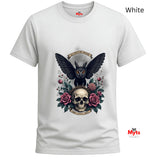 White t-shirt with a design of an owl with wings open, skull, and roses on a white background.