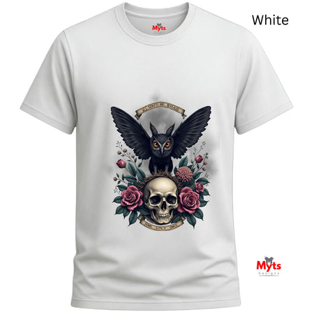 White t-shirt with a design of an owl with wings open, skull, and roses on a white background.