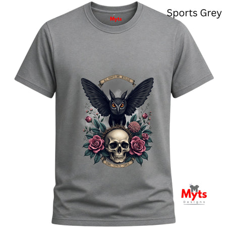 Gray t-shirt with a design of an owl, skull, and roses on a white background