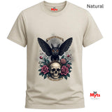 Natural t-shirt with a black owl, skull, and roses design on a white background