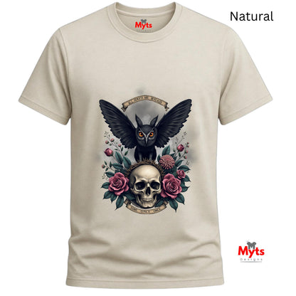 Natural t-shirt with a black owl, skull, and roses design on a white background