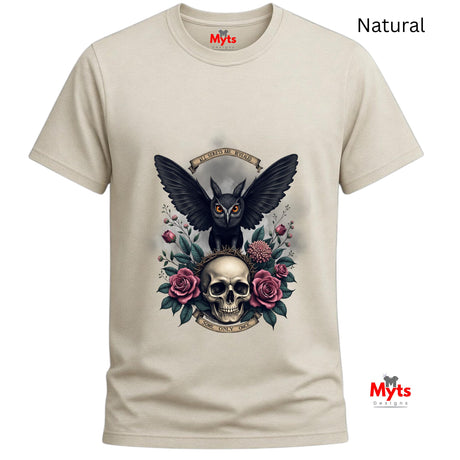 Natural t-shirt with a black owl, skull, and roses design on a white background
