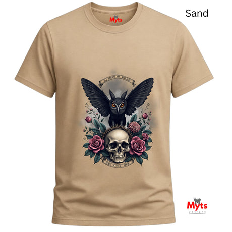 Sand t-shirt with a black cat, skull, and floral design on a white background