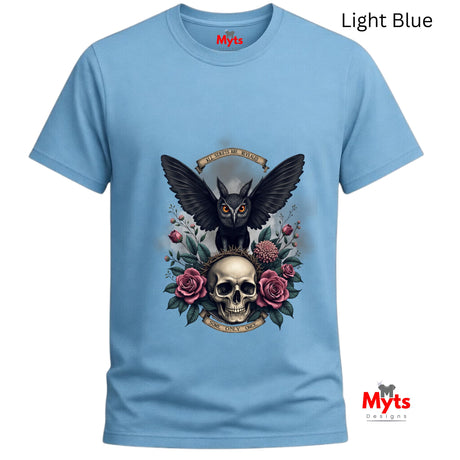 Light blue t-shirt with a black owl and skull design on a white background
