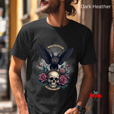 Man wearing a dark Heather t-shirt with a graphic design of an owl and skull.