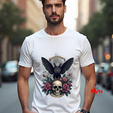 Man wearing a white t-shirt with a black owl and skull design on a city street.