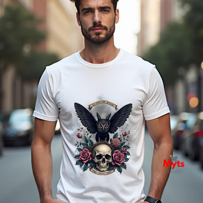 Man wearing a white t-shirt with a black owl and skull design on a city street.