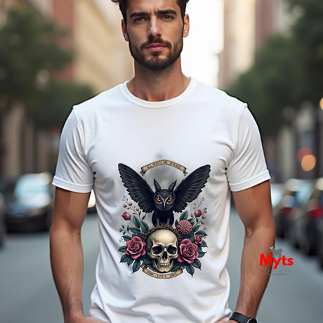 Man wearing a white t-shirt with a black owl and skull design on a city street.