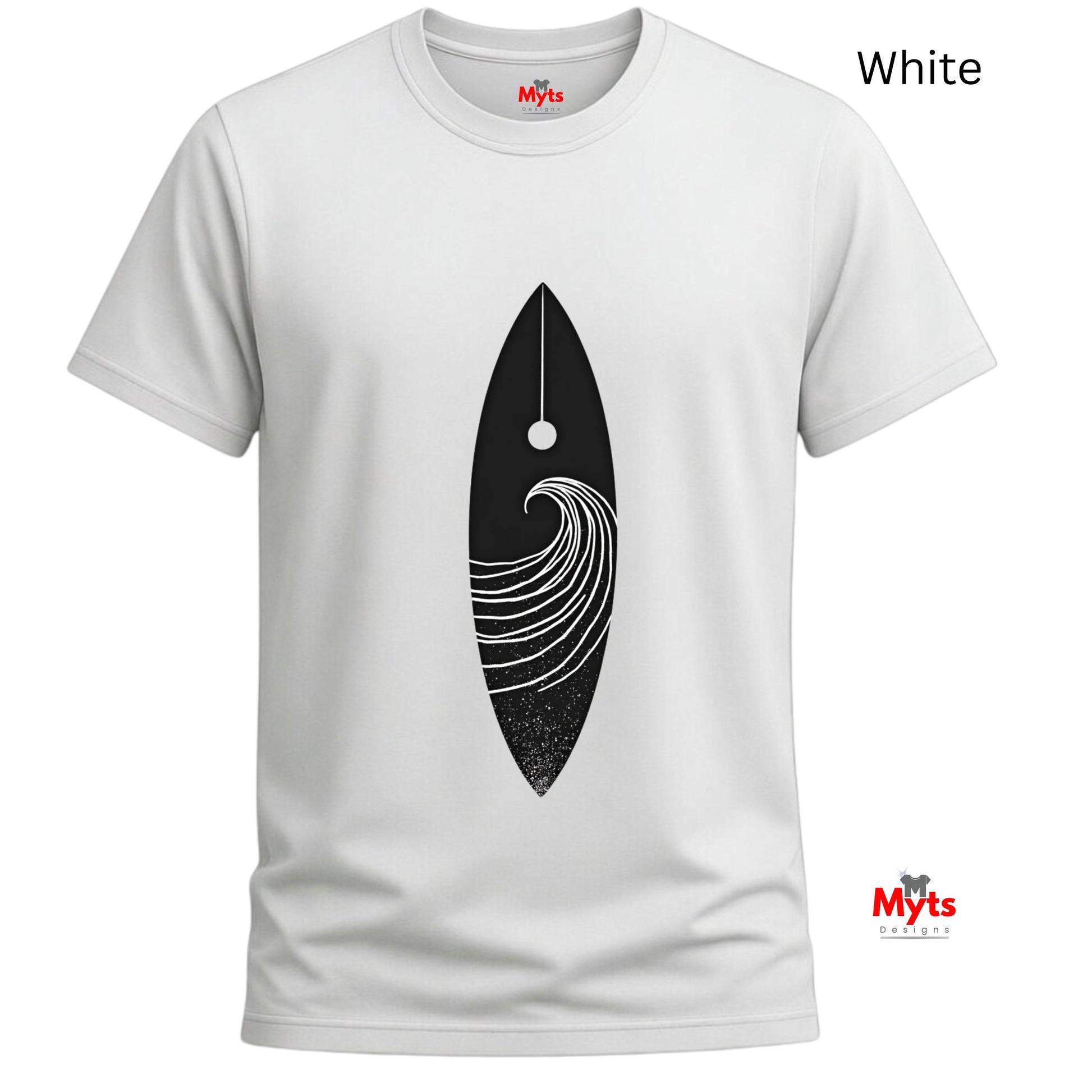 White t-shirt with black abstract design on a white background