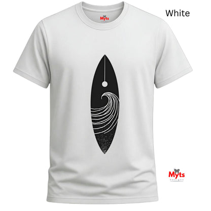White t-shirt with black abstract design on a white background