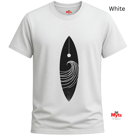White t-shirt with black abstract design on a white background