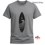 Gray t-shirt with a black and white graphic design on a white background