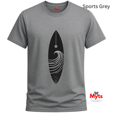 Gray t-shirt with a black and white graphic design on a white background