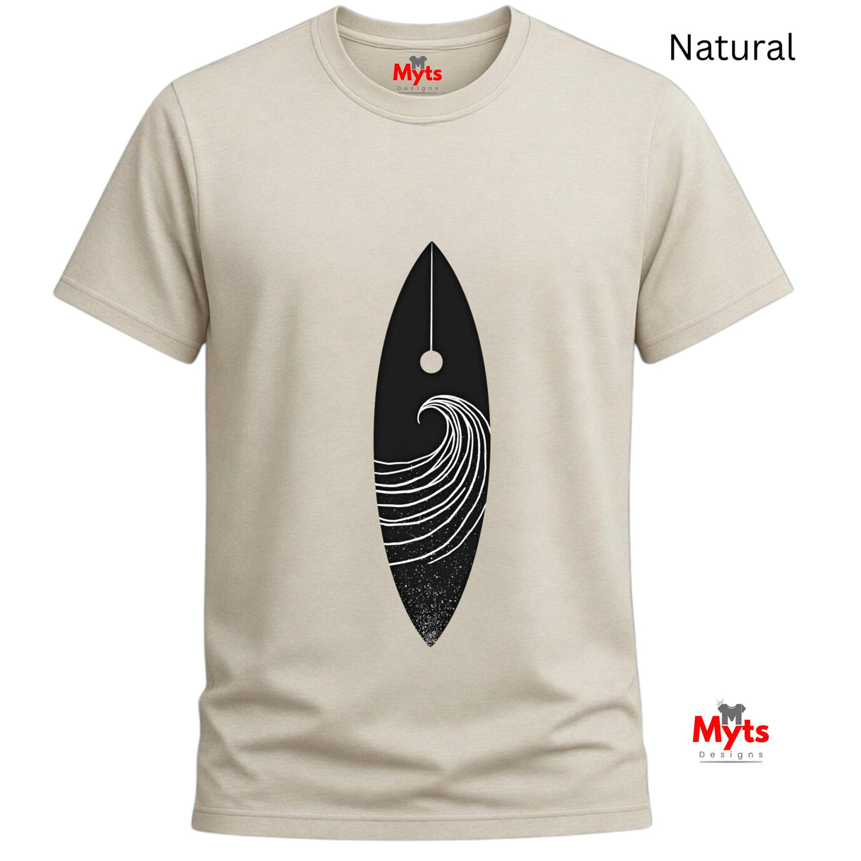 Natural t-shirt with a black and white graphic design on a white background