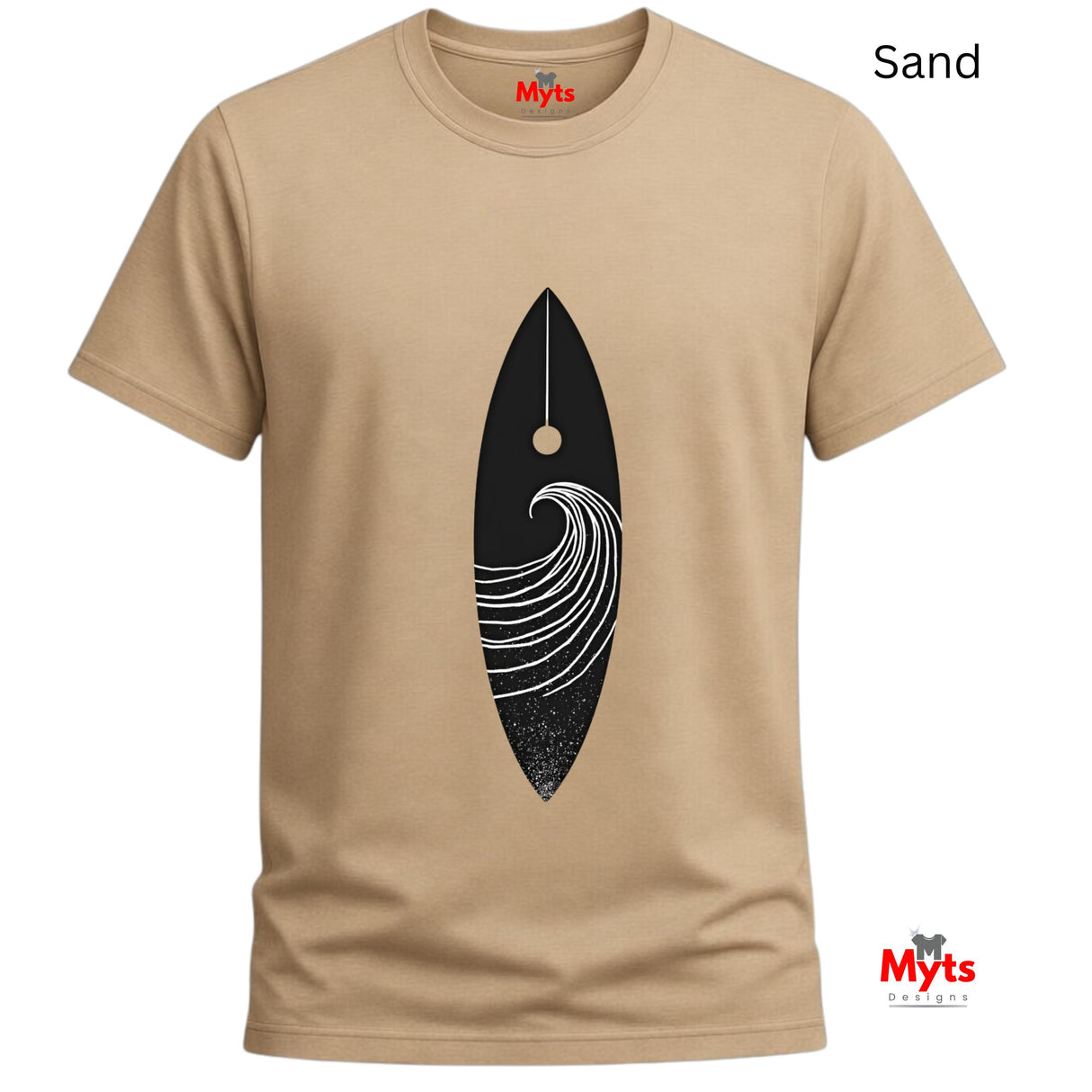 Sand t-shirt with a black and white graphic design on a white background