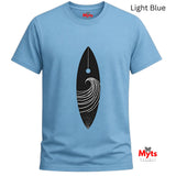 Light blue t-shirt with black and white graphic design on a white background