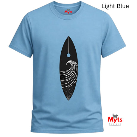 Light blue t-shirt with black and white graphic design on a white background