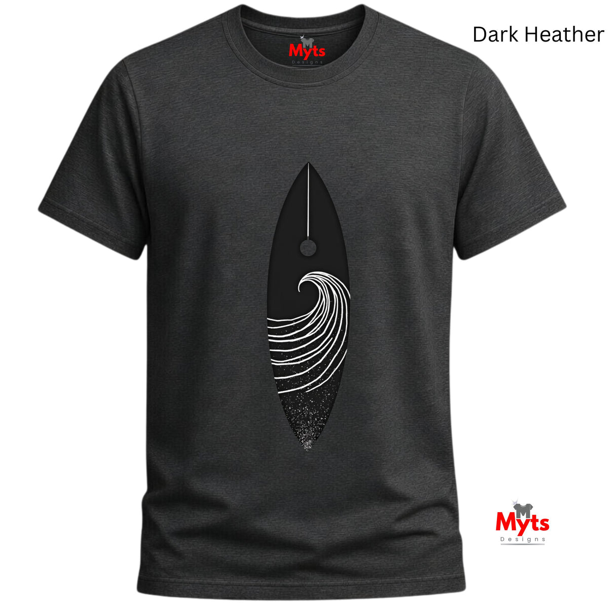 Dark Heather t-shirt with a black and white graphic design on a white background