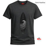 Dark Heather t-shirt with a black and white graphic design on a white background
