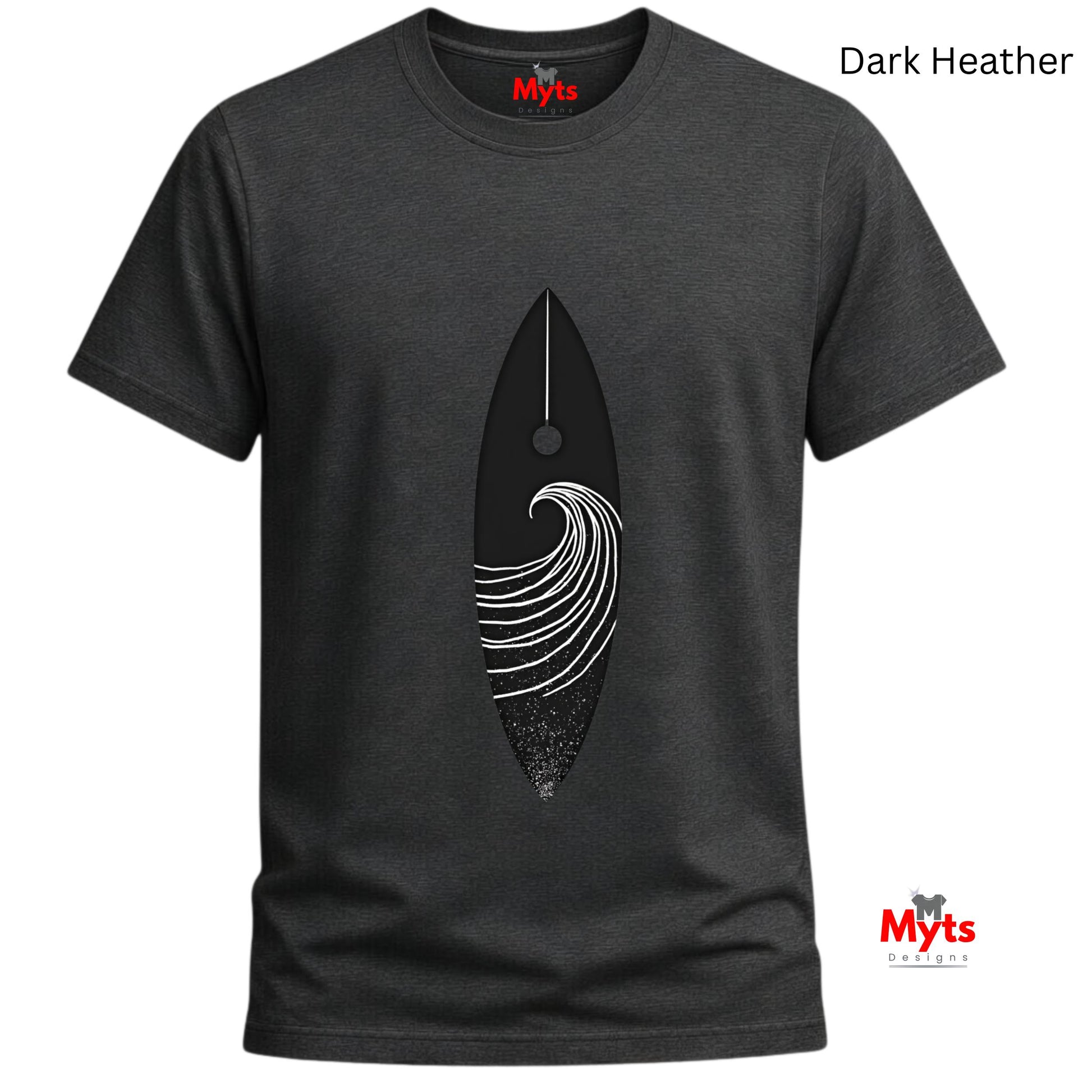 Dark Heather t-shirt with a black and white graphic design on a white background