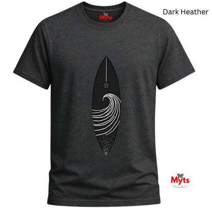 Dark Heather t-shirt with a black and white graphic design on a white background