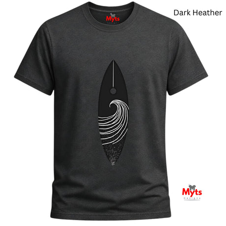 Dark Heather t-shirt with a black and white graphic design on a white background
