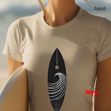 Sand t-shirt with a black and white wave design on a beach background