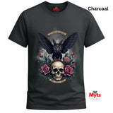 Charcoal t-shirt with an owl and skull design on a white background