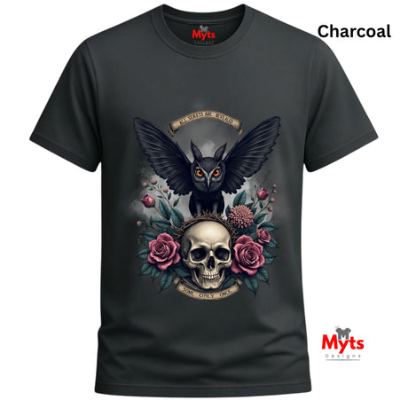 Charcoal t-shirt with an owl and skull design on a white background