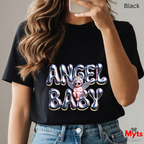 Person wearing a black t-shirt with 'Angel Baby' design and holding a phone.
