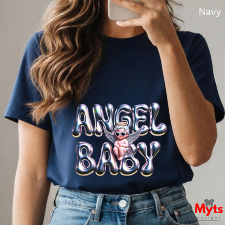 Person wearing a navy t-shirt with 'Angel Baby' design and taking a selfie.