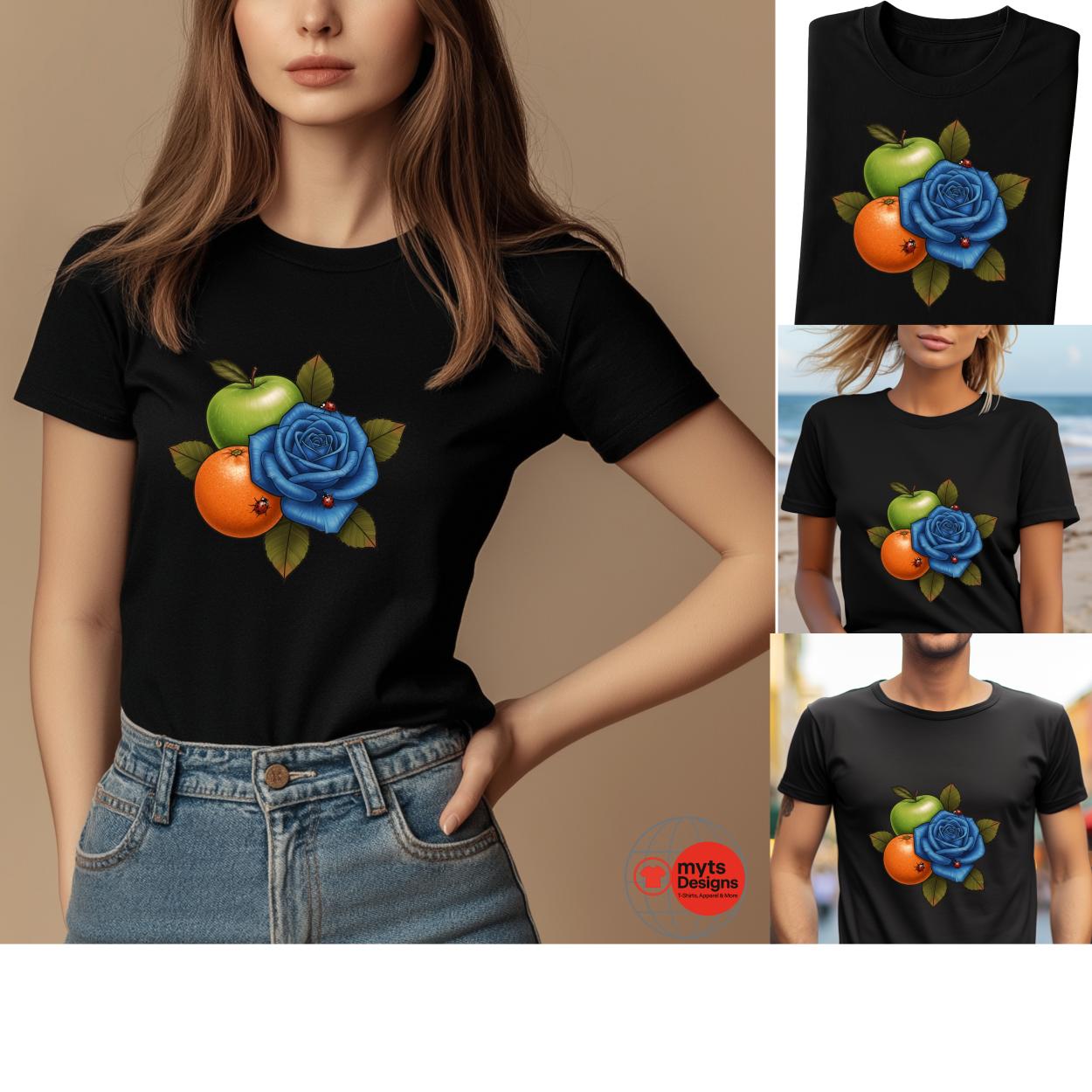 A collection of four images showcasing a black t-shirt with a bold graphic design featuring a blue rose, green apple, and orange mandarin, accented with green leaves and small red ladybugs. The shirt is modeled by different individuals in varied settings, including indoor and beach environments. The design is vibrant and centered on the chest. The “mytsDesigns” logo appears in the lower corner of the main image