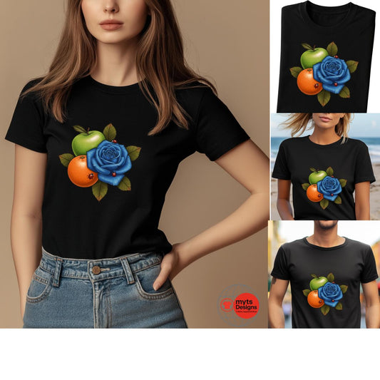 A collection of four images showcasing a black t-shirt with a bold graphic design featuring a blue rose, green apple, and orange mandarin, accented with green leaves and small red ladybugs. The shirt is modeled by different individuals in varied settings, including indoor and beach environments. The design is vibrant and centered on the chest. The “mytsDesigns” logo appears in the lower corner of the main image