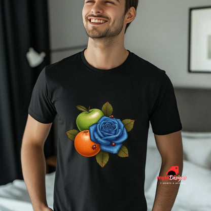 Man wearing a black t-shirt with a colorful design of an apple, orange, and blue rose.