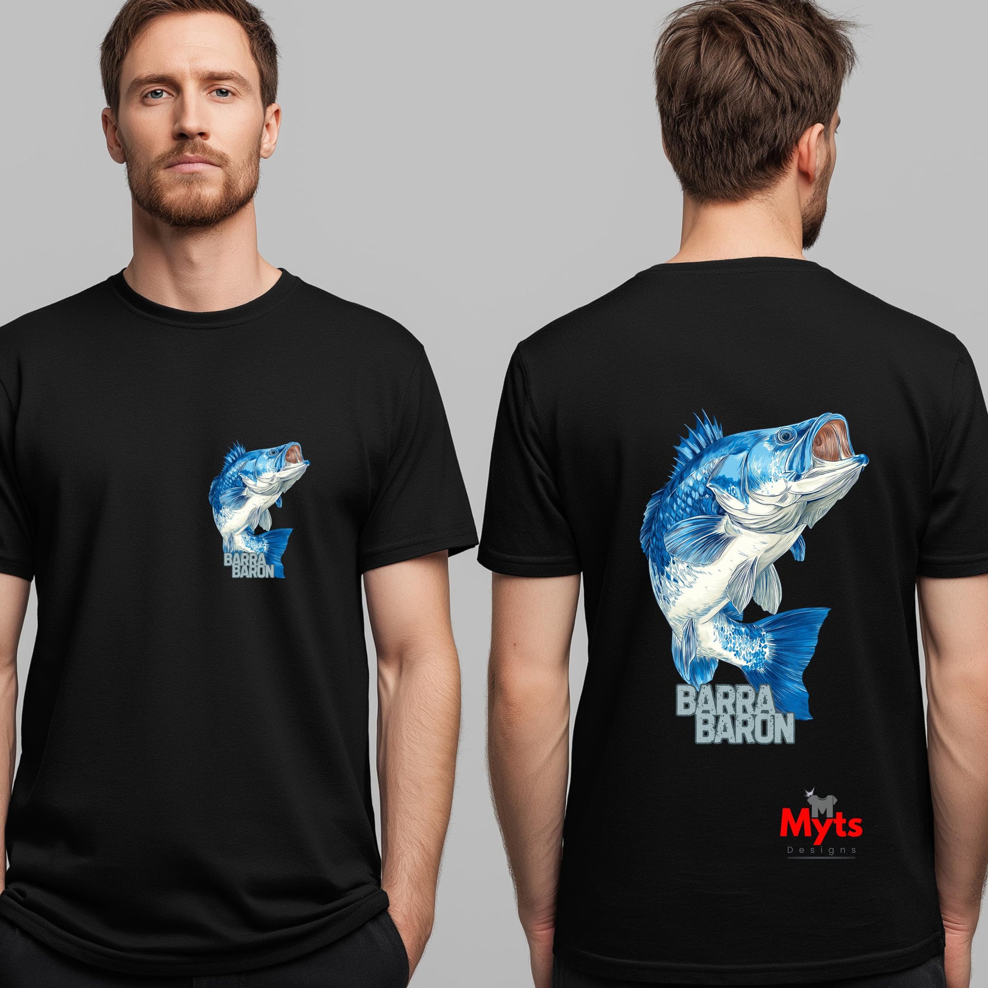 Black t-shirt with blue fish graphic on front and back, worn by a person, on a gray background