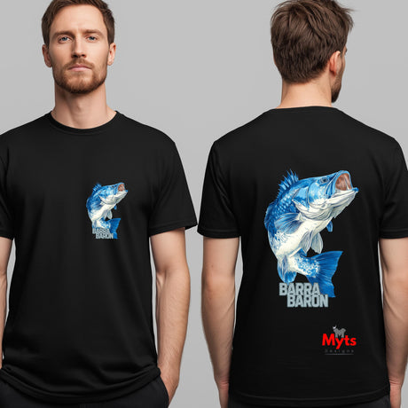 Black t-shirt with blue fish graphic on front and back, worn by a person, on a gray background