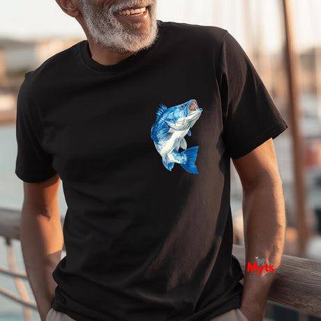 Man wearing a black t-shirt with a blue fish graphic, standing outdoors.