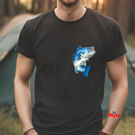 Person wearing a black t-shirt with a blue fish graphic, standing outdoors.
