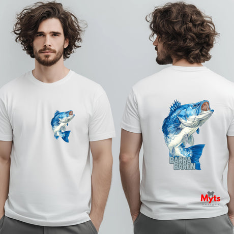 Man wearing a white t-shirt with a blue fish graphic on the front and back, with 'Myts' branding.