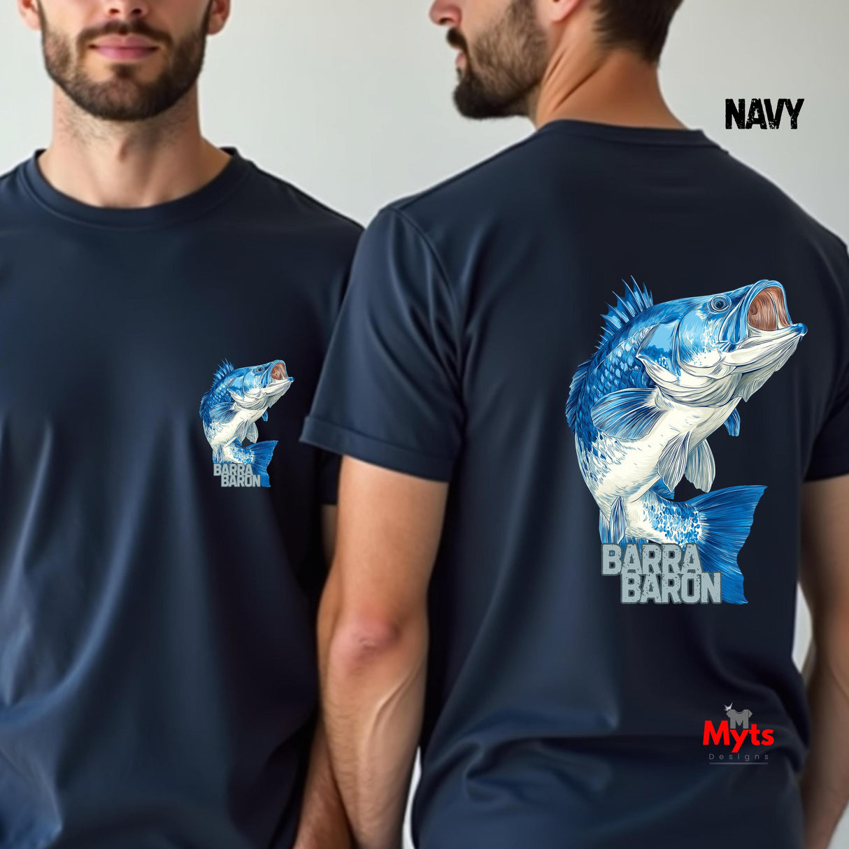 Two men wearing navy blue t-shirts with fish graphics and 'Barra Baron' branding.
