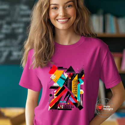 Person wearing a pink t-shirt with colorful geometric design in an indoor setting