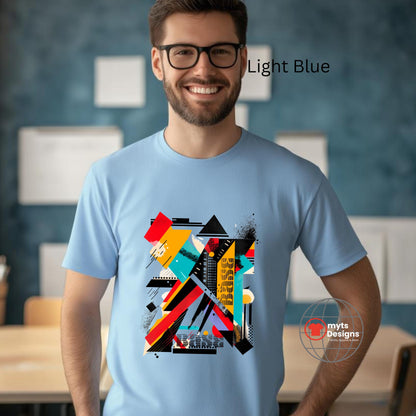 Man wearing a light blue t-shirt with a colorful geometric design in an office setting