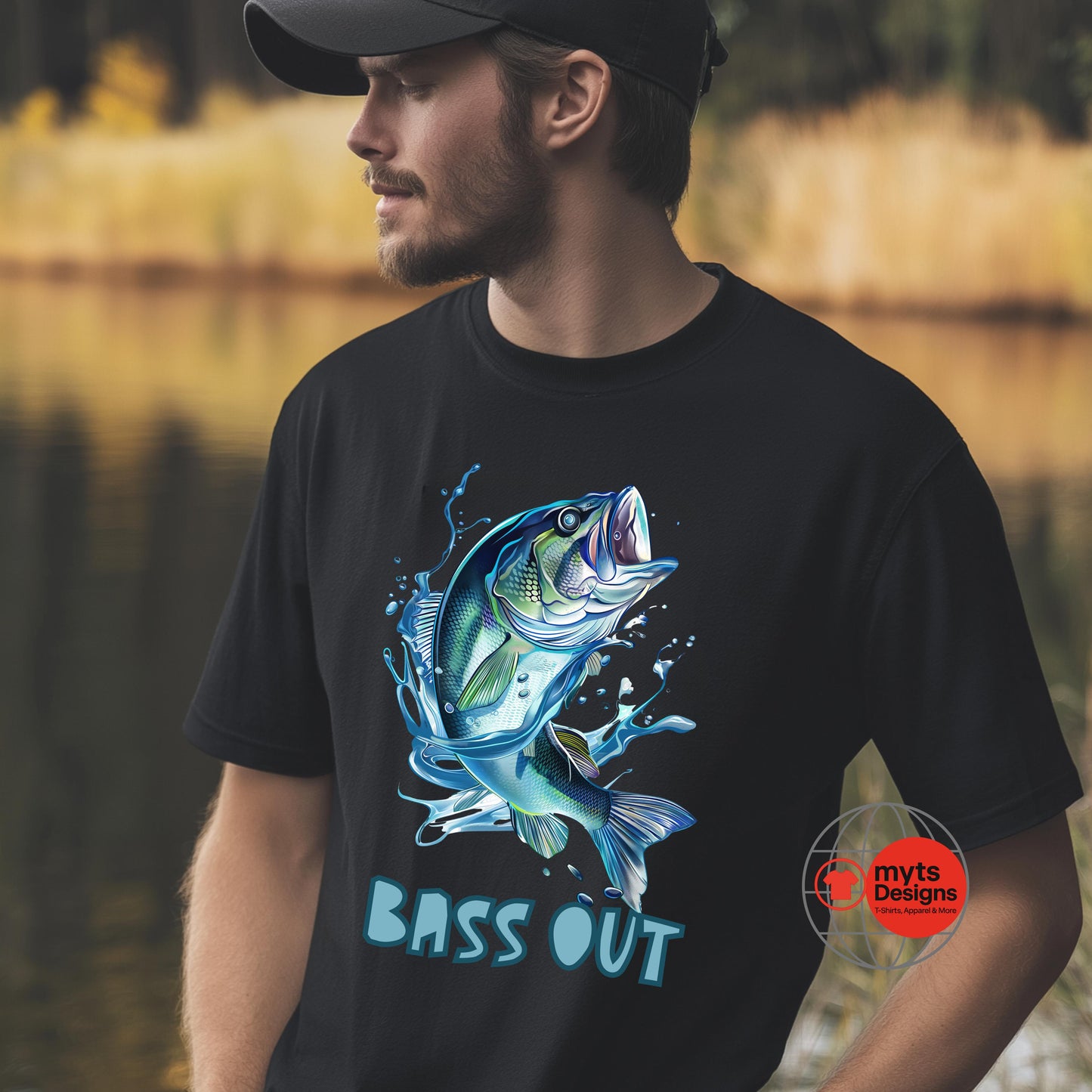 Man wearing a black t-shirt with a blue bass graphic and 'BASS OUT' text, standing by a body of water.