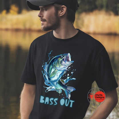 Man wearing a black t-shirt with a blue bass graphic and 'BASS OUT' text, standing by a body of water.