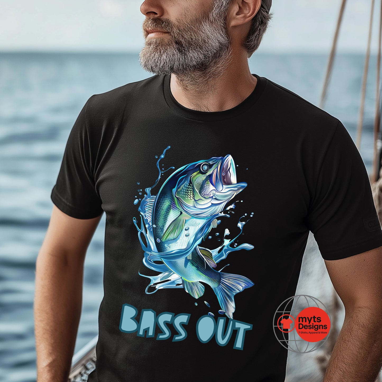 Man wearing a black t-shirt with a blue bass graphic and 'BASS OUT' text, standing on a boat.